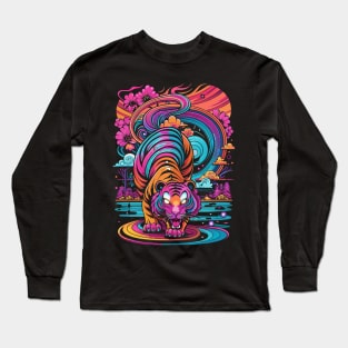 Japanese Tiger Art Modern Vaporwave Ukiyo e Long Sleeve T-Shirt